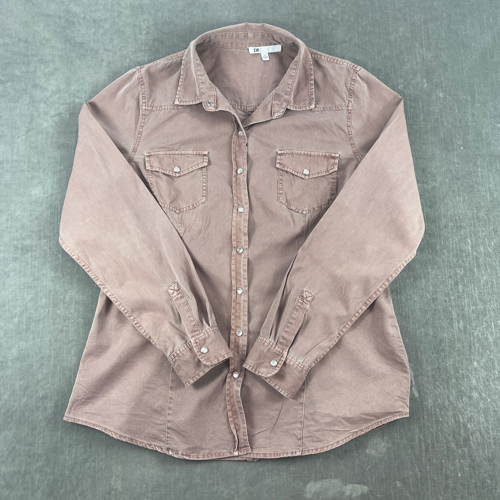 DR2 Women Large Mauve Pink Cotton Twill Snap Button Down Utility Shirt